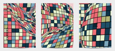 Kare piksel mozaik şekli bozulmuş. Düz retro renklerin üzerine siyah tel çerçeve. Soyut hava balonu vektör arkaplanı.