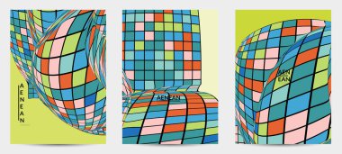 Kare piksel mozaik şekli bozulmuş. Düz retro renklerin üzerine siyah tel çerçeve. Soyut hava balonu vektör arkaplanı.