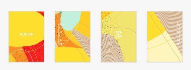 Minimum soyut vektör kaplama şablonu. Organik grunge, üst üste binen dalgalı şekiller ve çizgiler. El yazısıyla çizilmiş pastel renkli arka plan. Çizgili noktalı yaprak formları. Çağdaş tasarım.