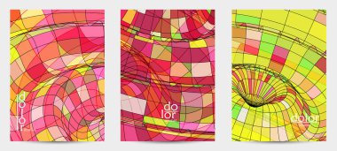 Fütürist çok renkli tel çerçeve geometrik şekilli soyut vektör uçuş şablonu. Üç boyutlu dijital bilim modeli konsepti. Web teknolojisi kapak tasarımı. Dalgalı çizgiler ve ızgara dokusu.