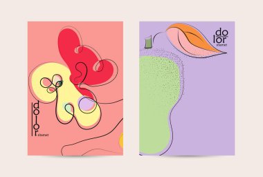 El çizimi meyve grunge desenli soyut vektör şablonu. Düz renkli gıda konsepti çizimi. Sağlıklı beslenme broşürü. Çizgi sanat meyvesi logosu tasarımı. Kavisli dalgalı çizgiler.