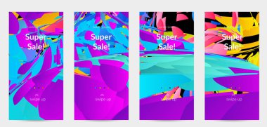 Parlak renkli küçük parçacık patlaması ile soyut sosyal medya şablonu. Spor müziği sosyal medya düzeni. Dış uzay hareketli optik sanat dinamik arka planı. Gelecekçi vektör.