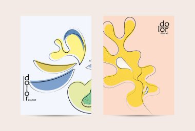 Vektör uçucu şablonu. Soyut el şafağı meyve posteri. Grange desenli düz tasarım. Organik doğal gıda sanatsal illüstrasyonu. Düzgün kıvrımlı çizgi çizgi çizgi çizgi çizgi logosu.