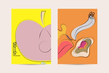 Vektör uçucu şablonu. Soyut el şafağı meyve posteri. Grange desenli düz tasarım. Organik doğal gıda sanatsal illüstrasyonu. Düzgün kıvrımlı çizgi çizgi çizgi çizgi çizgi logosu.