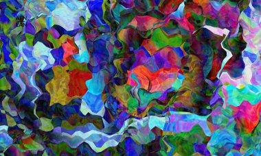 Soyut dijital çerçeve sanatsal vektör dokusu. Üst üste binen çok renkli dalgalı desenli filtreli şekiller. Canlı ışık efektleri, vitray camlar ya da kübizm sanat resimleri. Kitap kapağı şablonu.