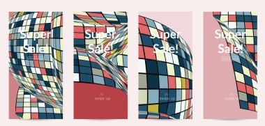 Kare piksel mozaik şekli bozulmuş. Düz retro renklerin üzerine siyah tel çerçeve. Soyut hava balonu vektör arkaplanı.