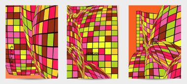 Kare piksel mozaik şekli bozulmuş. Düz retro renklerin üzerine siyah tel çerçeve. Soyut hava balonu vektör arkaplanı.