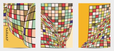 Kare piksel mozaik şekli bozulmuş. Düz retro renklerin üzerine siyah tel çerçeve. Soyut hava balonu vektör arkaplanı.