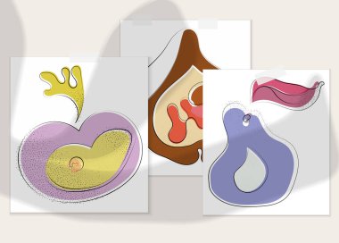 Gölge kaplamalı soyut el çizimi vektör çizimi poster. Çizgi sanatsal çizim ve doku. Retro düz renkler organik doğal tasarım. Organik sağlıklı vejetaryen karalaması..