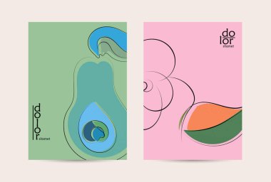 Eko ambalaj vektör tasarımı. Düz renkli meyve logosu ve grunge deseni. Doodle sebze çiziyor. Sağlıklı yiyecek. Vegan cıvata eskiz posteri. Yaz organik taze kavram.