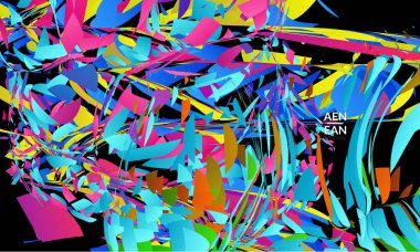 Parlak renkli küçük parçacık patlaması içeren soyut iniş sayfası şablonu. Spor müziği sosyal medya düzeni. Dış uzay hareketli optik sanat dinamik arka planı. Gelecekçi vektör.