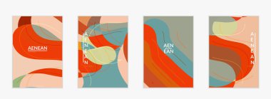 Soyut vektör davetiye şablonu, dalgalı geometrik soyut şekilli sanat terrazzo deseni ve yeryüzündeki doğal organik renkte çizgiler. Siasonal satış için minimum modern tasarım..