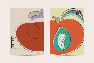 Eko ambalaj vektör tasarımı. Düz renkli meyve logosu ve grunge deseni. Doodle sebze çiziyor. Sağlıklı yiyecek. Vegan cıvata eskiz posteri. Yaz organik taze kavram.