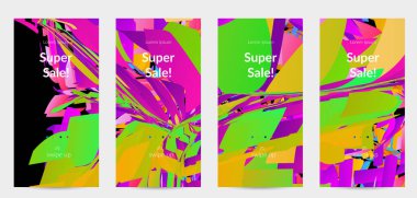 Parlak renkli küçük parçacık patlaması ile soyut sosyal medya şablonu. Spor müziği sosyal medya düzeni. Dış uzay hareketli optik sanat dinamik arka planı. Gelecekçi vektör.