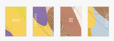 Minimum soyut vektör kaplama şablonu. Organik grunge, üst üste binen dalgalı şekiller ve çizgiler. El yazısıyla çizilmiş pastel renkli arka plan. Çizgili noktalı yaprak formları. Çağdaş tasarım.