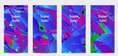 Parlak renkli küçük parçacık patlaması ile soyut sosyal medya şablonu. Spor müziği sosyal medya düzeni. Dış uzay hareketli optik sanat dinamik arka planı. Gelecekçi vektör.