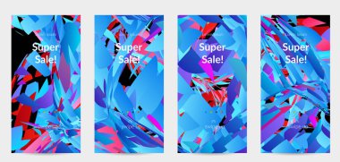 Parlak renkli küçük parçacık patlaması ile soyut sosyal medya şablonu. Spor müziği sosyal medya düzeni. Dış uzay hareketli optik sanat dinamik arka planı. Gelecekçi vektör.