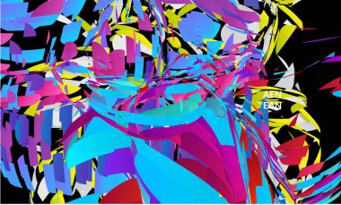 Parlak renkli küçük parçacık patlaması içeren soyut iniş sayfası şablonu. Spor müziği sosyal medya düzeni. Dış uzay hareketli optik sanat dinamik arka planı. Gelecekçi vektör.