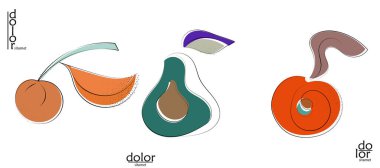 Soyut el çizimi vektör sanatsal logo seti beyaza izole edildi. Çizgi sanatsal çizim ve doku. Retro düz renkler organik doğal Eko gıda tasarımı. Organik sağlıklı vejetaryen karalaması..