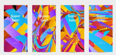 Parlak renkli küçük parçacık patlaması ile soyut sosyal medya şablonu. Spor müziği sosyal medya düzeni. Dış uzay hareketli optik sanat dinamik arka planı. Gelecekçi vektör.