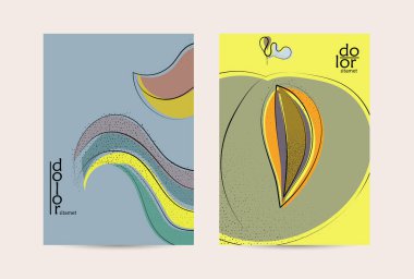 Retro düz renkli organik gıda broşürü. El çizimi meyve çizgisi logosu tasarımı. Yumuşak kıvrımlı grange desenli bitkisel çizgi çizgi. Sağlıklı beslenme broşürü düzeni.