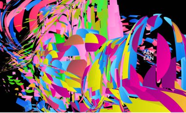 Parlak renkli küçük parçacık patlaması içeren soyut iniş sayfası şablonu. Spor müziği sosyal medya düzeni. Dış uzay hareketli optik sanat dinamik arka planı. Gelecekçi vektör.