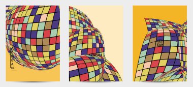 Kare piksel mozaik şekli bozulmuş. Düz retro renklerin üzerine siyah tel çerçeve. Soyut hava balonu vektör arkaplanı.