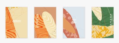 Retro hipster sanat baskısı ya da poster tasarımı. Dalgalı karışık şekiller. Üst üste çizilmiş el dokusu. Çizgiler, noktalar ve karalamalar egzotik tropikal arka plan yaratır. Doğal organik renkler.