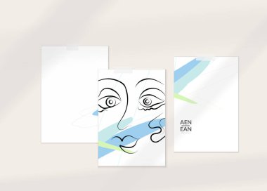 Modern kart seti şablonunda soyut otantik portre. Bir çizgi sürekli çizilmiş karalama vektör çizimi. Modern Kübizm Sanatı tarzında çağdaş kompozisyon. Gölge örtüsüyle ayarlayın.