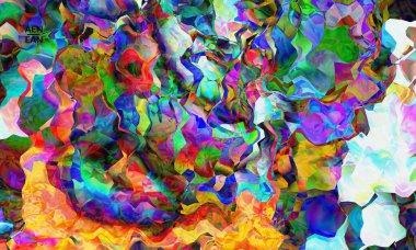 Soyut dijital çerçeve sanatsal vektör dokusu. Üst üste binen çok renkli dalgalı desenli filtreli şekiller. Canlı ışık efektleri, vitray camlar ya da kübizm sanat resimleri. Kitap kapağı şablonu.