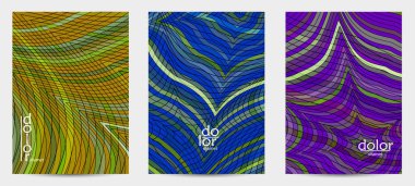 Fütürist çok renkli tel çerçeve geometrik şekilli soyut vektör uçuş şablonu. Üç boyutlu dijital bilim modeli konsepti. Web teknolojisi kapak tasarımı. Dalgalı çizgiler ve ızgara dokusu.