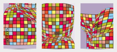 Kare piksel mozaik şekli bozulmuş. Düz retro renklerin üzerine siyah tel çerçeve. Soyut hava balonu vektör arkaplanı.