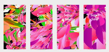 Parlak renkli küçük parçacık patlaması ile soyut sosyal medya şablonu. Spor müziği sosyal medya düzeni. Dış uzay hareketli optik sanat dinamik arka planı. Gelecekçi vektör.