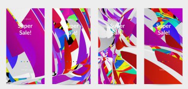 Parlak renkli küçük parçacık patlaması ile soyut sosyal medya şablonu. Spor müziği sosyal medya düzeni. Dış uzay hareketli optik sanat dinamik arka planı. Gelecekçi vektör.