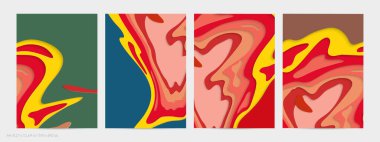 Soyut üç boyutlu kağıt, sanatı keser. Dalgalı kağıt işçiliğiyle renkli bir arka plan. Sanatsal vektör gerçekçi gölgeli şekilleri kesiyor. Parlak oyma dokusu. Topografi yardım taklidi.