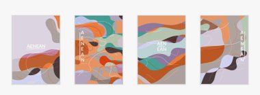 Soyut vektör davetiye şablonu, dalgalı geometrik soyut şekilli sanat terrazzo deseni ve yeryüzündeki doğal organik renkte çizgiler. Siasonal satış için minimum modern tasarım..