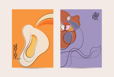 Vektör uçucu şablonu. Soyut el şafağı meyve posteri. Grange desenli düz tasarım. Organik doğal gıda sanatsal illüstrasyonu. Düzgün kıvrımlı çizgi çizgi çizgi çizgi çizgi logosu.