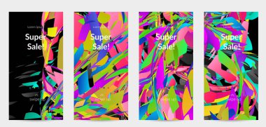 Parlak renkli küçük parçacık patlaması ile soyut sosyal medya şablonu. Spor müziği sosyal medya düzeni. Dış uzay hareketli optik sanat dinamik arka planı. Gelecekçi vektör.