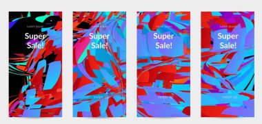 Parlak renkli küçük parçacık patlaması ile soyut sosyal medya şablonu. Spor müziği sosyal medya düzeni. Dış uzay hareketli optik sanat dinamik arka planı. Gelecekçi vektör.