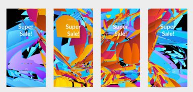 Parlak renkli küçük parçacık patlaması ile soyut sosyal medya şablonu. Spor müziği sosyal medya düzeni. Dış uzay hareketli optik sanat dinamik arka planı. Gelecekçi vektör.