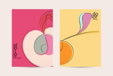 El çizimi meyve grunge desenli soyut vektör şablonu. Düz renkli gıda konsepti çizimi. Sağlıklı beslenme broşürü. Çizgi sanat meyvesi logosu tasarımı. Kavisli dalgalı çizgiler.