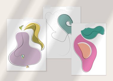 Gölge kaplamalı soyut el çizimi vektör çizimi poster. Çizgi sanatsal çizim ve doku. Retro düz renkler organik doğal tasarım. Organik sağlıklı vejetaryen karalaması..