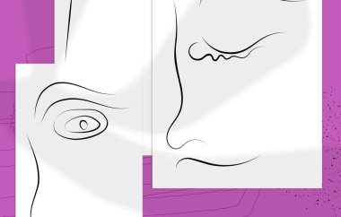 Moda tasarım şablonları ve soyut bir çizgi grafik tarzında portre kadın. Çağdaş arka plan. El çizimi vektör sanatı. Modern duvar resimleri, baskılar ya da posterler gölgelerle süslenir..