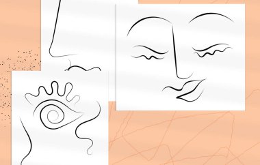 Soyut çağdaş sanat, aralıksız çizgi yüz, basit minimalizm güzellik logosu. Modern sanat eserleri gölgelerle örtüşüyor. Vektör el çizimi arka plan. Doğal renkler organik şekiller.