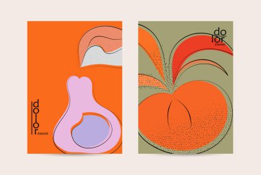 Eko ambalaj vektör tasarımı. Düz renkli meyve logosu ve grunge deseni. Doodle sebze çiziyor. Sağlıklı yiyecek. Vegan cıvata eskiz posteri. Yaz organik taze kavram.