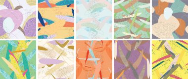 Soyut vektörsüz şablon ayarlandı. Organik grunge, üst üste binen dalgalı şekiller ve çizgiler. El yazısıyla çizilmiş pastel renkli arka plan. Çizgili noktalı yaprak formları. Düz tekstil kumaşı.