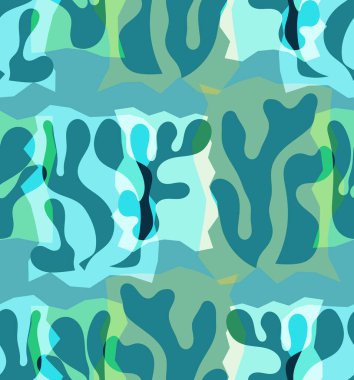 Organik Matisse şekillerinin kusursuz desenleri. Doğal toprak renkleri. Çiçekli sualtı yaşamı. Soyut deniz yosunu kamuflaj arka planı. Moda dalgalı geometri. Rastgele katmanlanmış el çizimi sanat.