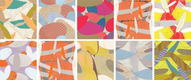 Soyut vektörsüz şablon ayarlandı. Organik grunge, üst üste binen dalgalı şekiller ve çizgiler. El yazısıyla çizilmiş pastel renkli arka plan. Çizgili noktalı yaprak formları. Düz tekstil kumaşı.