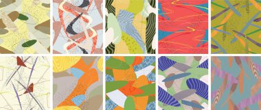 Soyut vektörsüz şablon ayarlandı. Organik grunge, üst üste binen dalgalı şekiller ve çizgiler. El yazısıyla çizilmiş pastel renkli arka plan. Çizgili noktalı yaprak formları. Düz tekstil kumaşı.