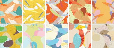 Soyut vektörsüz şablon ayarlandı. Organik grunge, üst üste binen dalgalı şekiller ve çizgiler. El yazısıyla çizilmiş pastel renkli arka plan. Çizgili noktalı yaprak formları. Düz tekstil kumaşı.